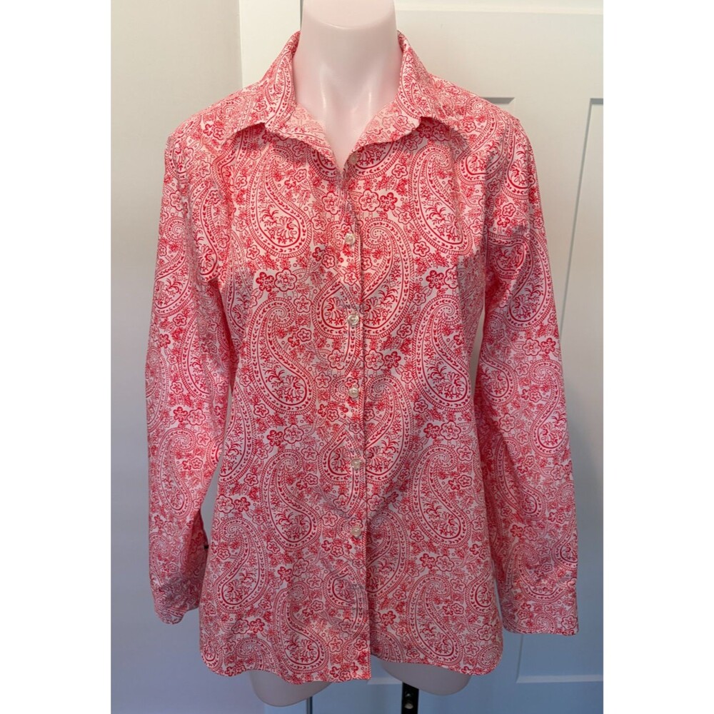 LANDS END Womens Button TOP Long Sleeve RED White PAISLEY No Iron Size 12